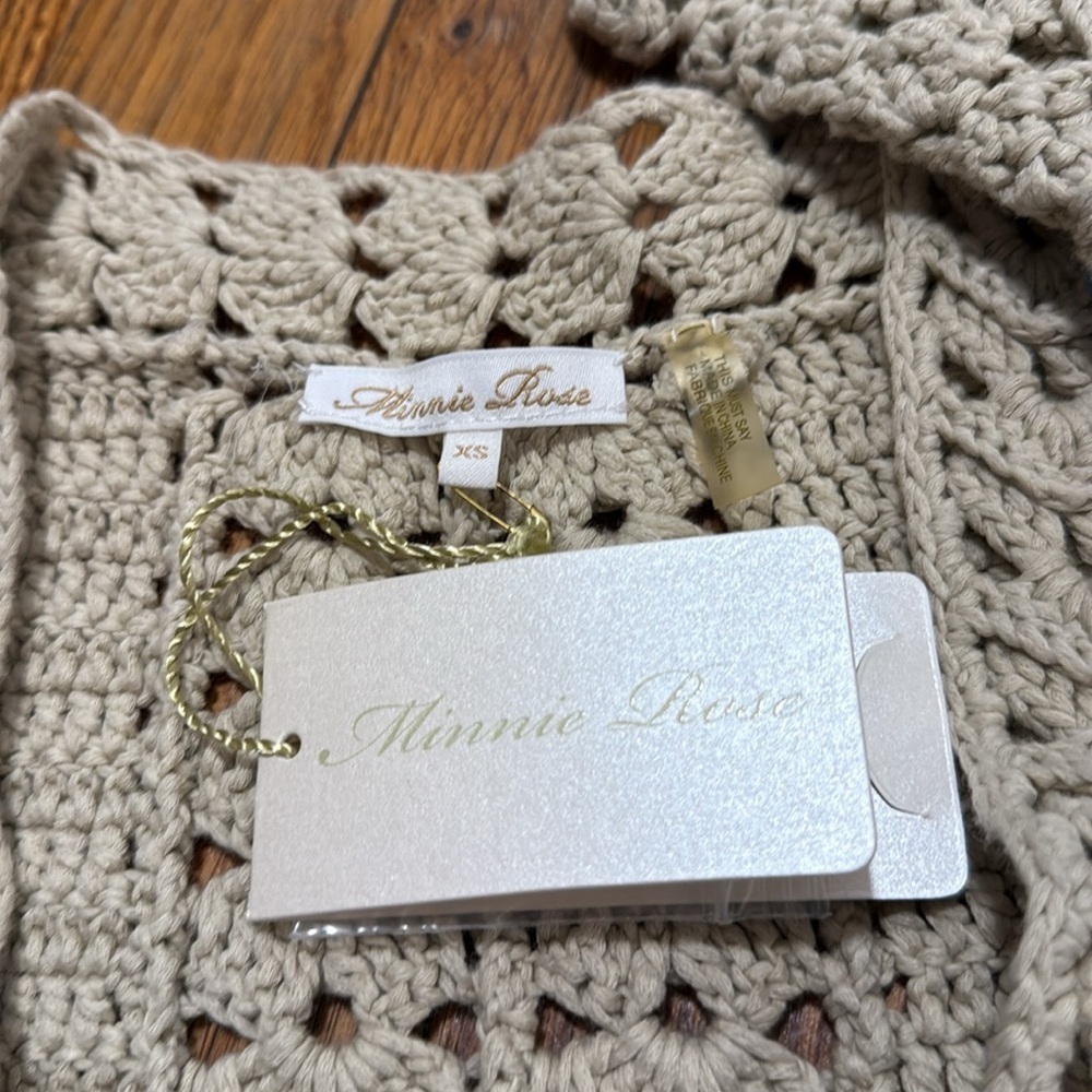 NWT Minnie Rose tan 100% cotton crochet open long cardigan fall XS - Picture 3 of 5